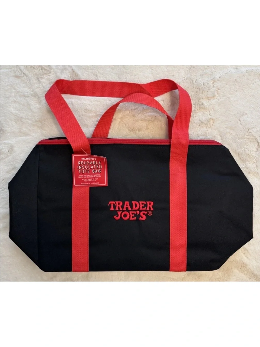 NWT, 2026 Trader Joe's Reusable Insulated Tote Bag in Black w Red handles & logo